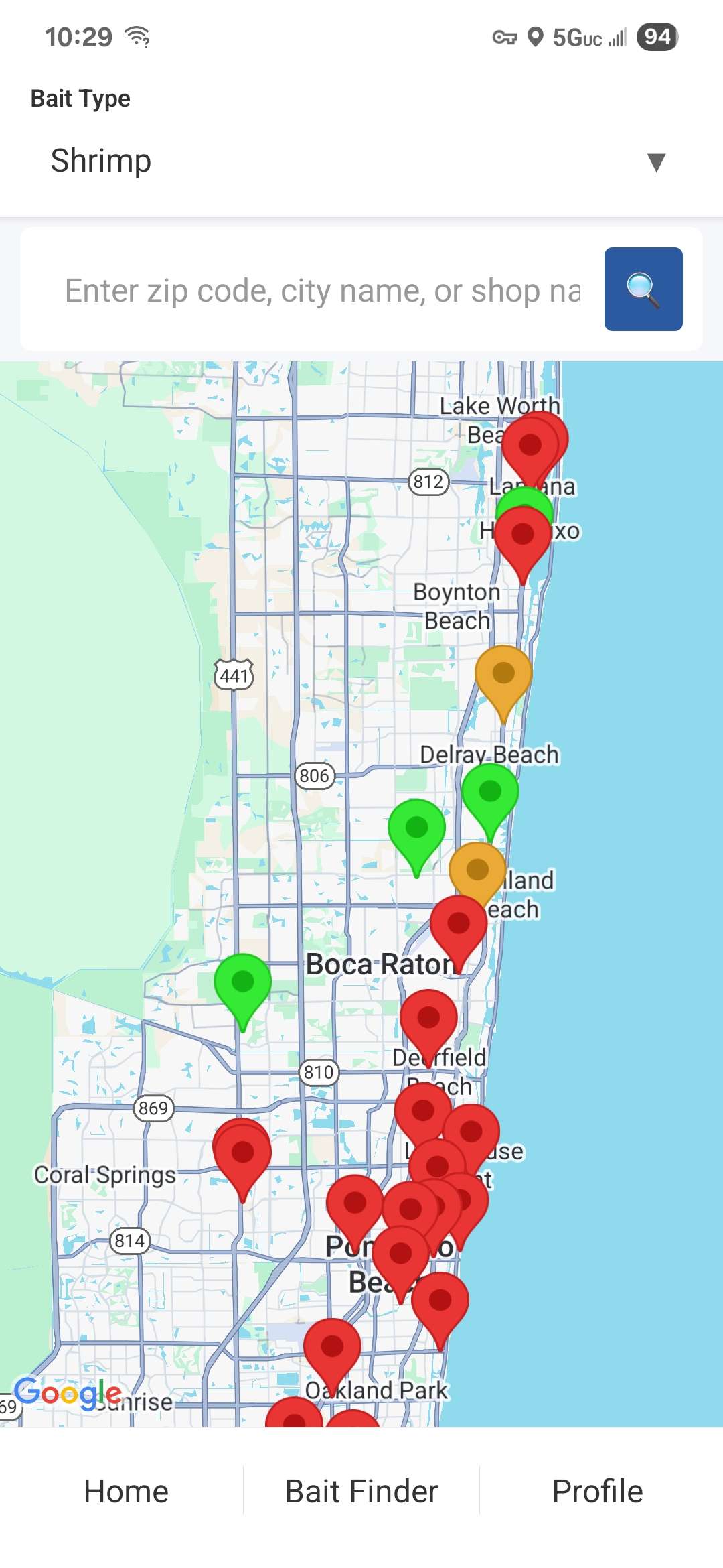 Got Live Bait app map showing nearby bait shops